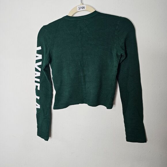 NWOT Monrow Green Faux Wrap Long Sleeve JAYNE.LA Graphic Crop Sweater Small - Picture 3 of 7